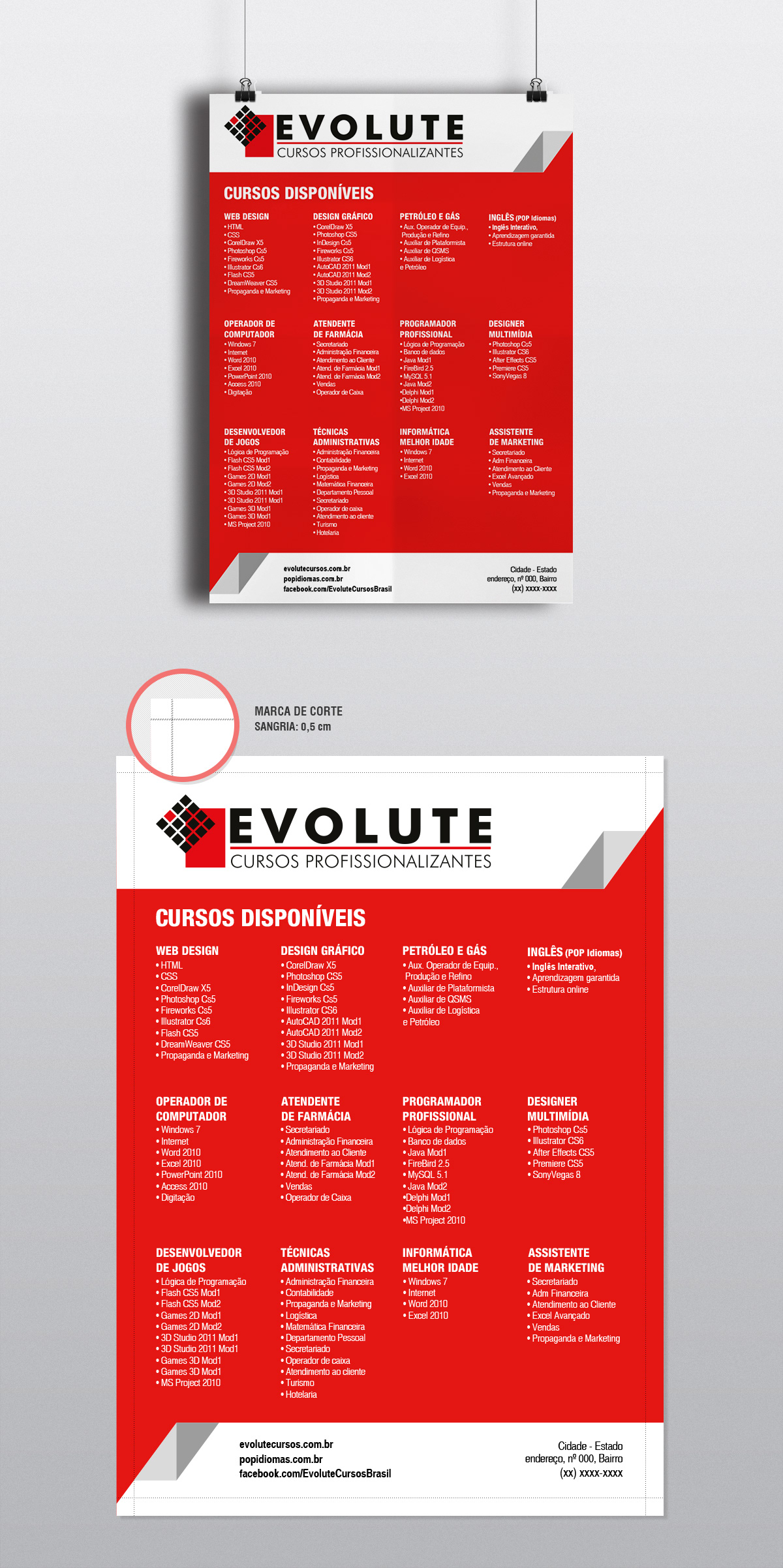 cursos profissionalizantes poster panfleto evolute red