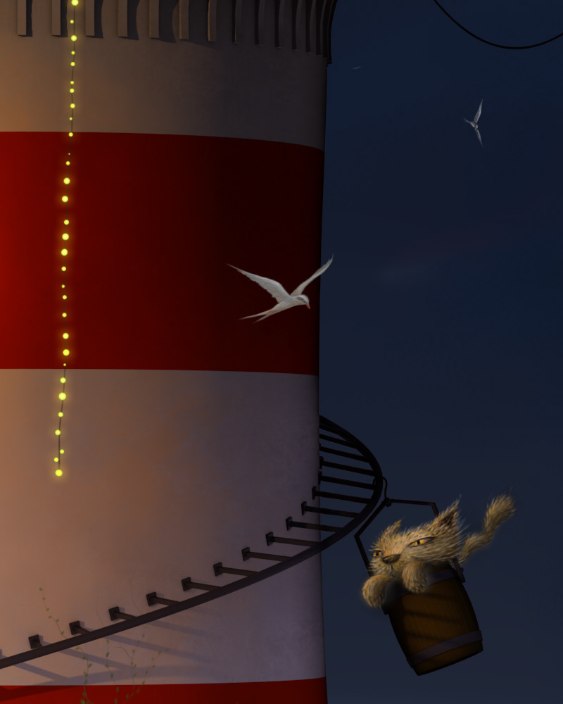 cats lighthouse 3D sea night star cinema 4d fish birds zeppelin balloon bucket ivy