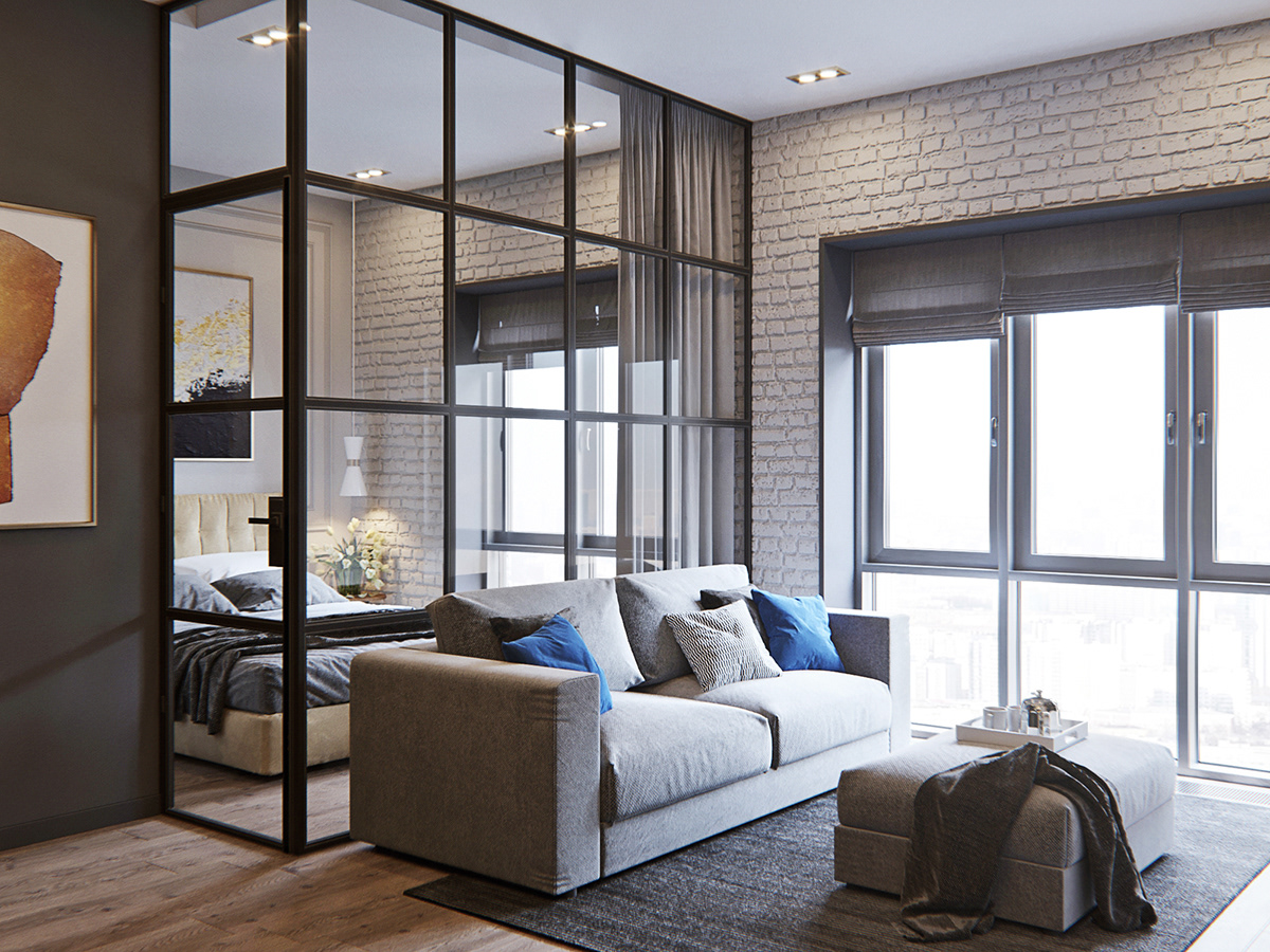 LOFT apartment design Interior livingroom kithen  bedroom bath visualization Render