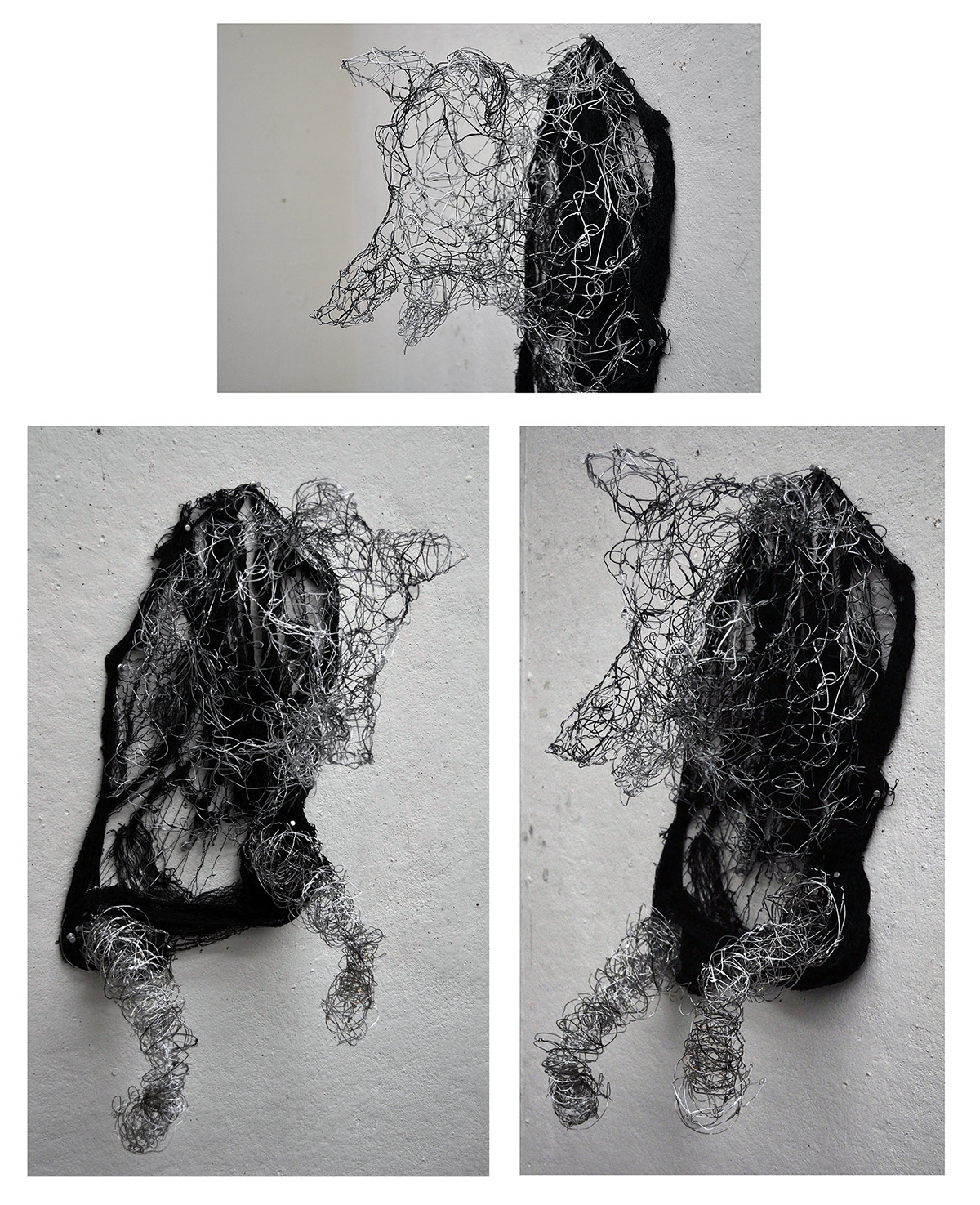 collage sculpture wire newspaper thread