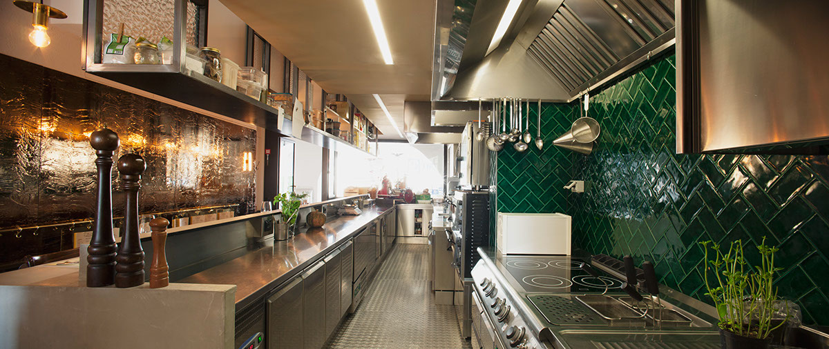 wood brass light restaurant kitchen tiles Black&white green