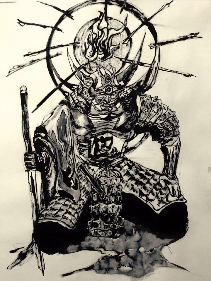 samurai japanese asia battle Armor warrior Sword spirit black ink White paper design fierce