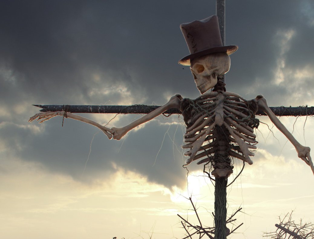 scarecrow harvest Halloween skeleton pumpkin hill