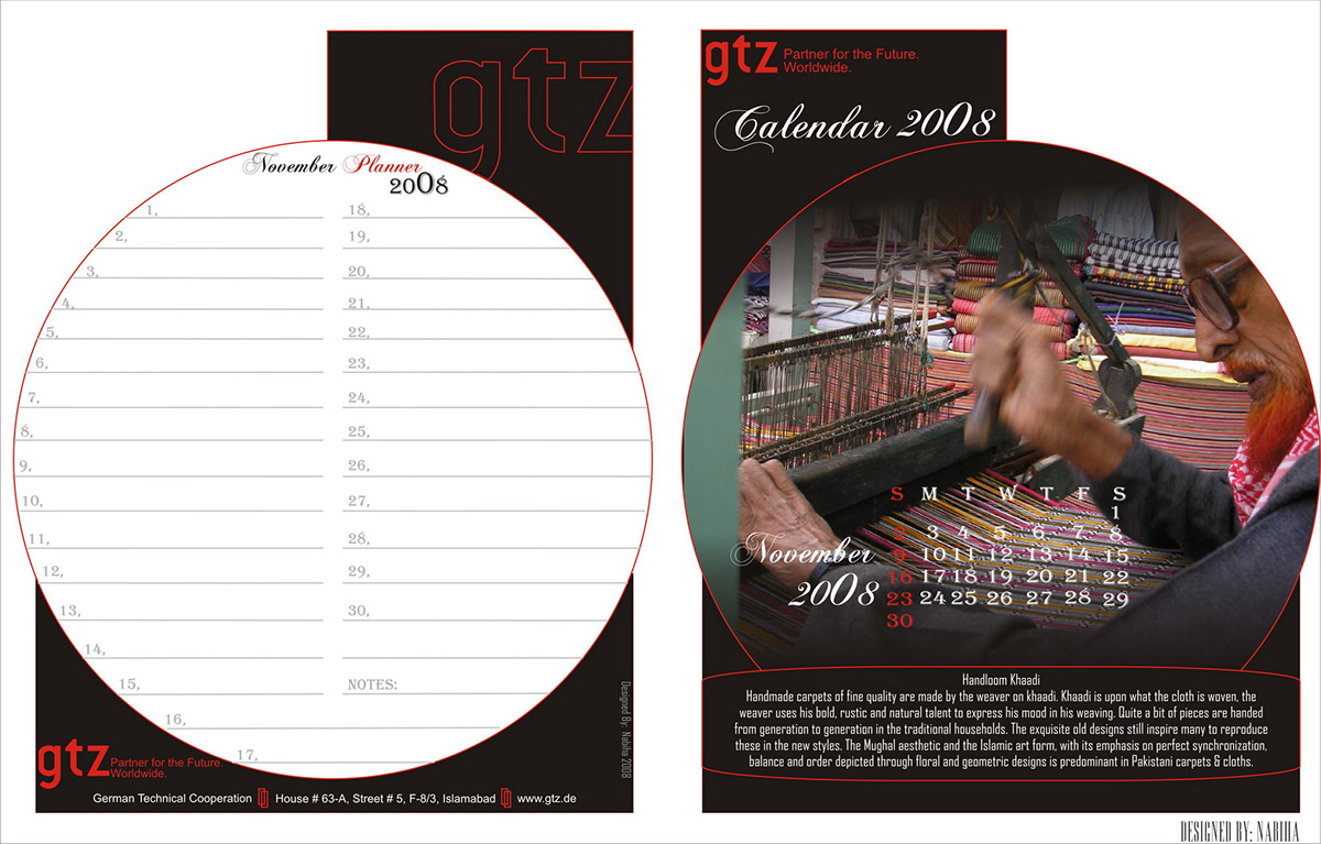 table calendar GTZ german firm desktop publishing   graphics Dye-cut Pakistan craftsmen handmade