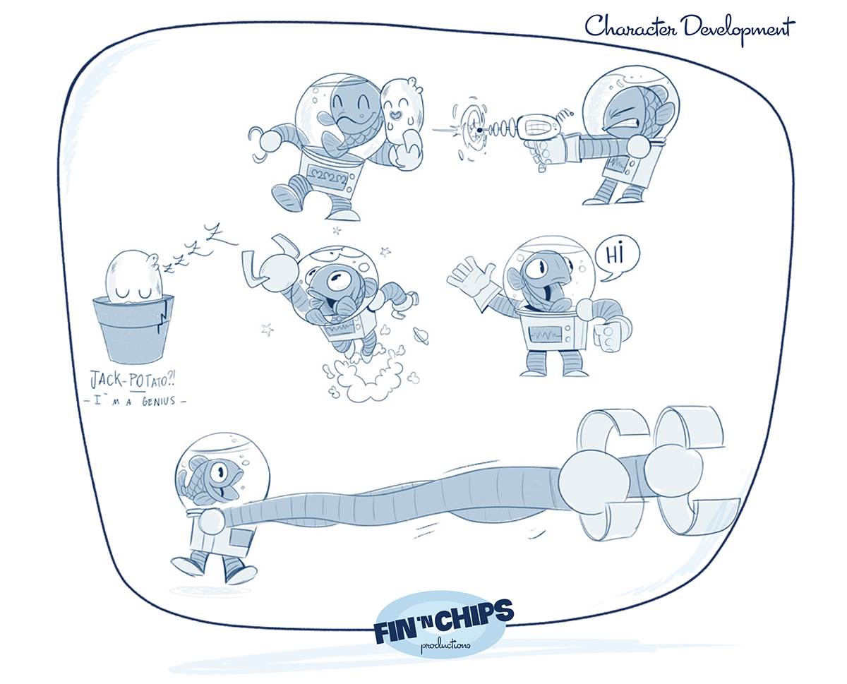 fish chips game Character development idea rough sketches Finn goldfish potato Space  funny robot