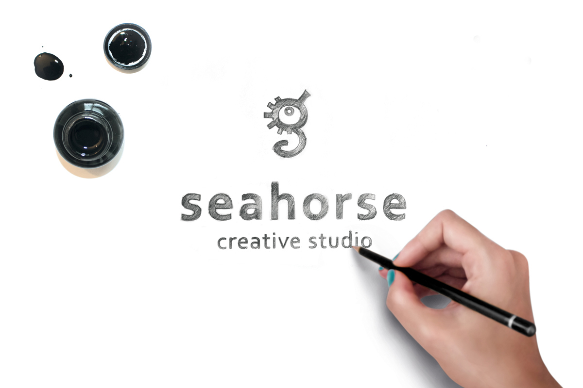 Adobe Portfolio seahorse  creative  studio  design  font Custom Original art stamp  modern  Black  white stylized Stationery identity