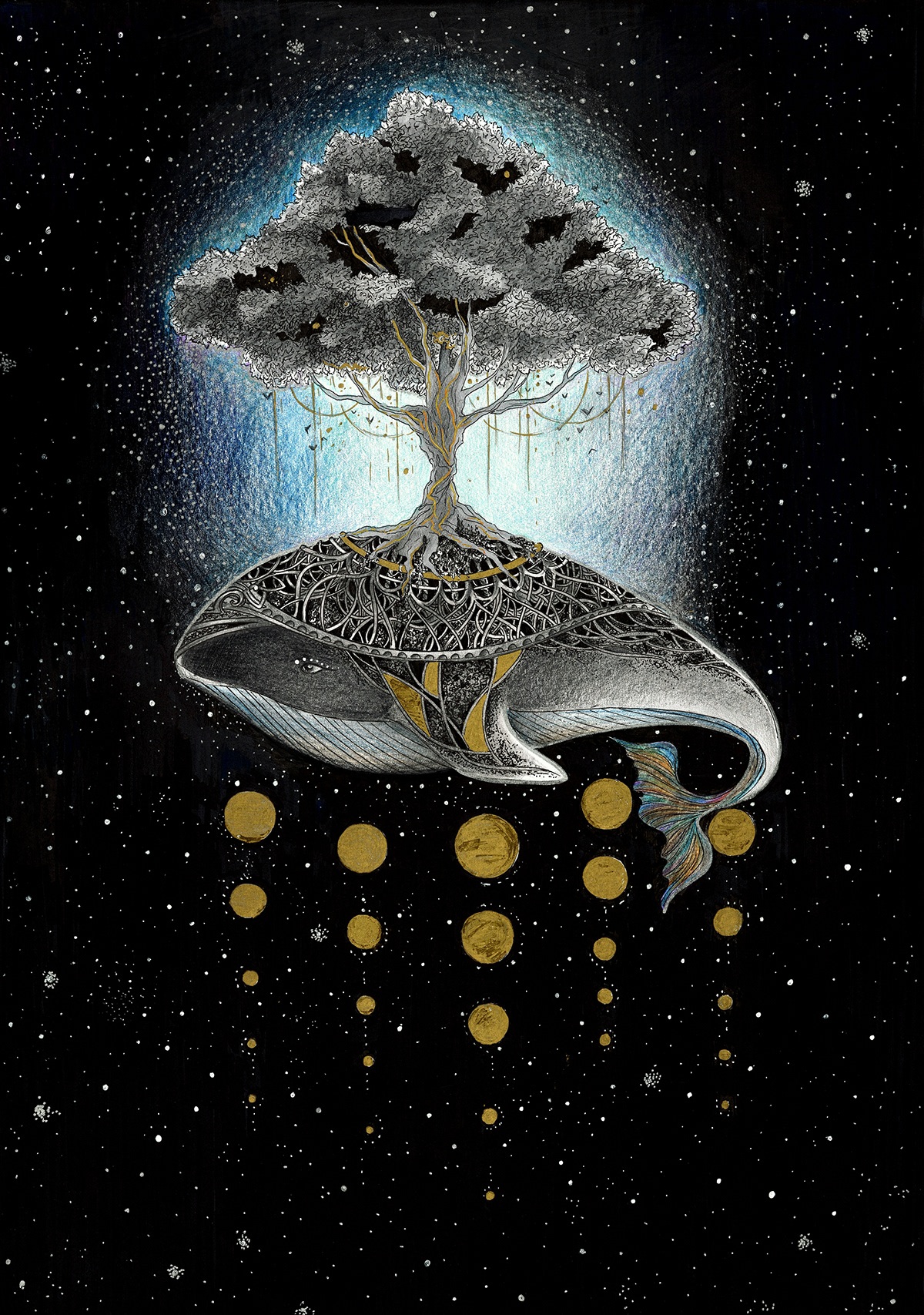 Space  cosmos Whale Tree  mystery ILLUSTRATION  Drawing  stars