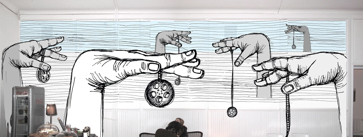 monochroma black & white hands movie yo-yo fingers wall painting