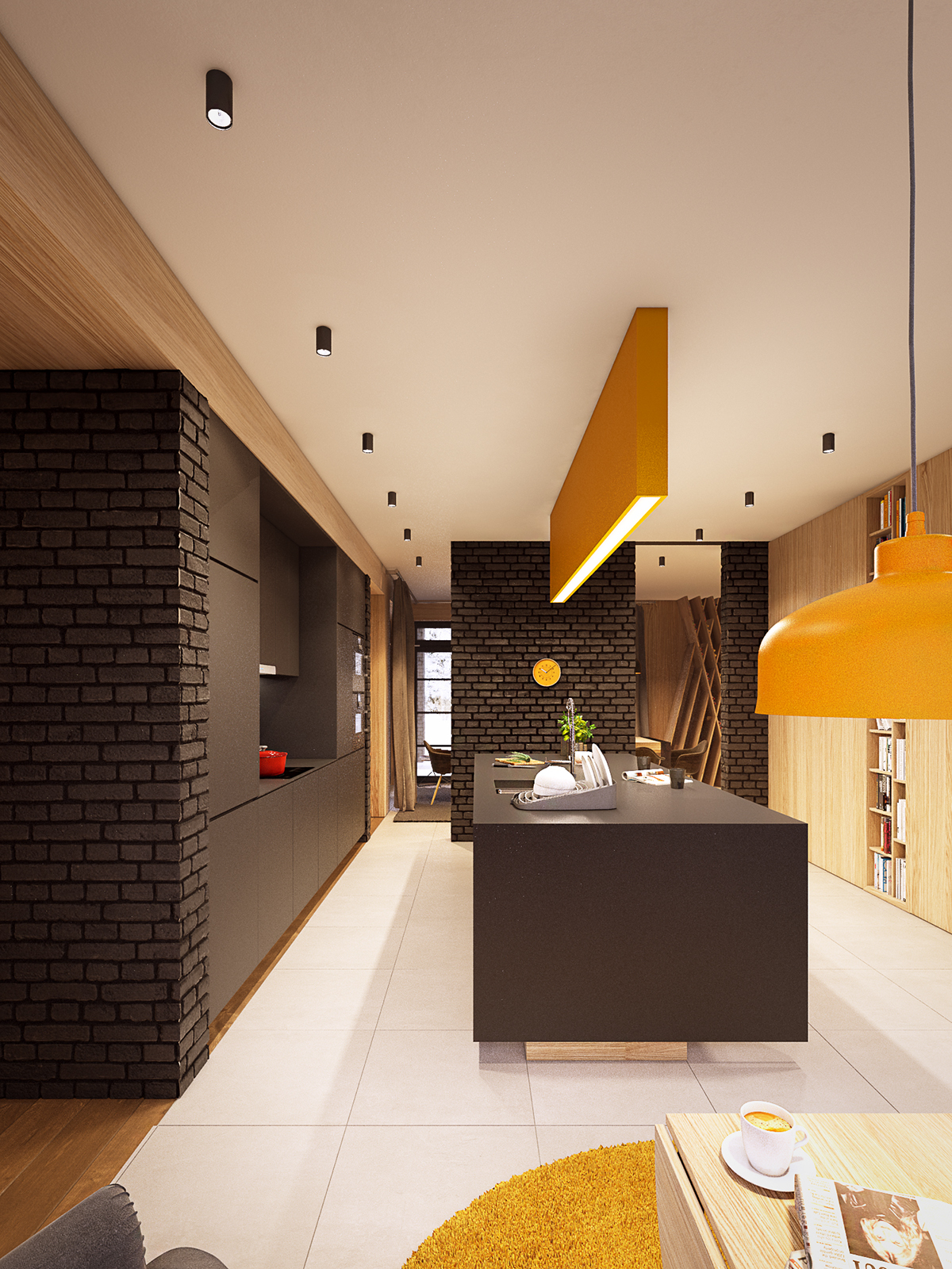 home house Interior design brick dark black color yellow livingroom bedroom bathroom wood modern