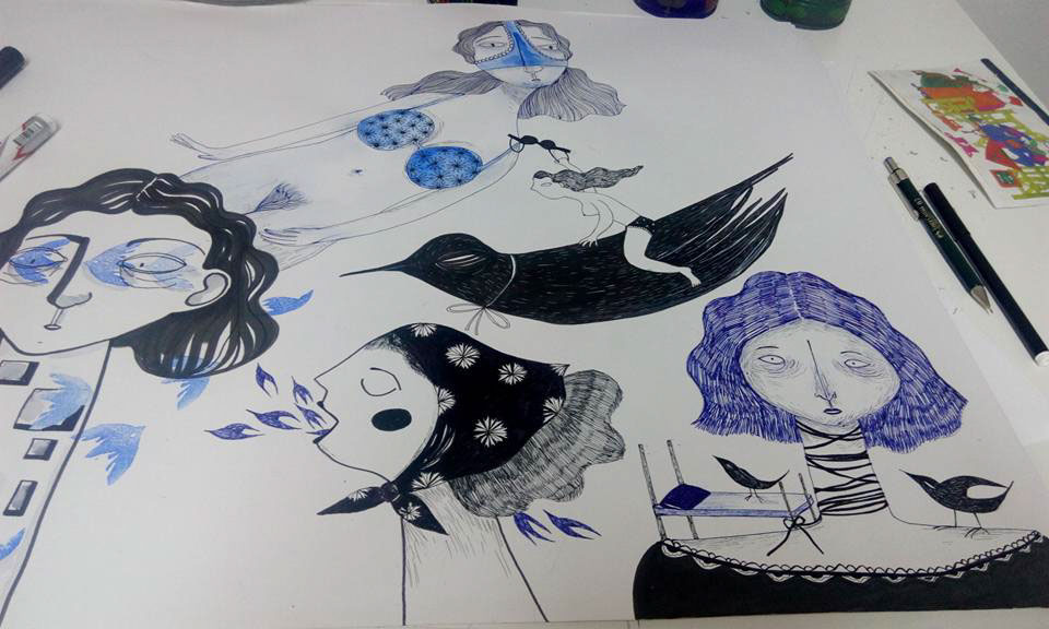 ink illustrations women womanhood black blue birds opression freedom feminism