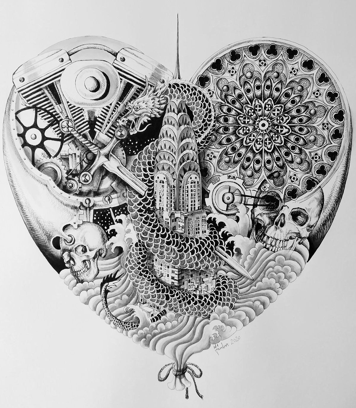 Drawing  heart Sword skull Mandala japanese black and white ink ink drawing chrysler building