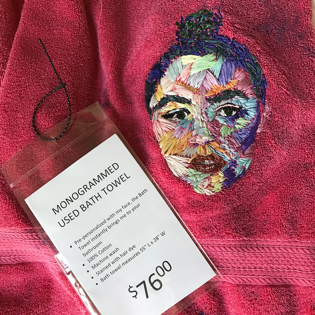 Embroidery installation self love self portraits self portrait fibers Textiles color theory merchandise Display
