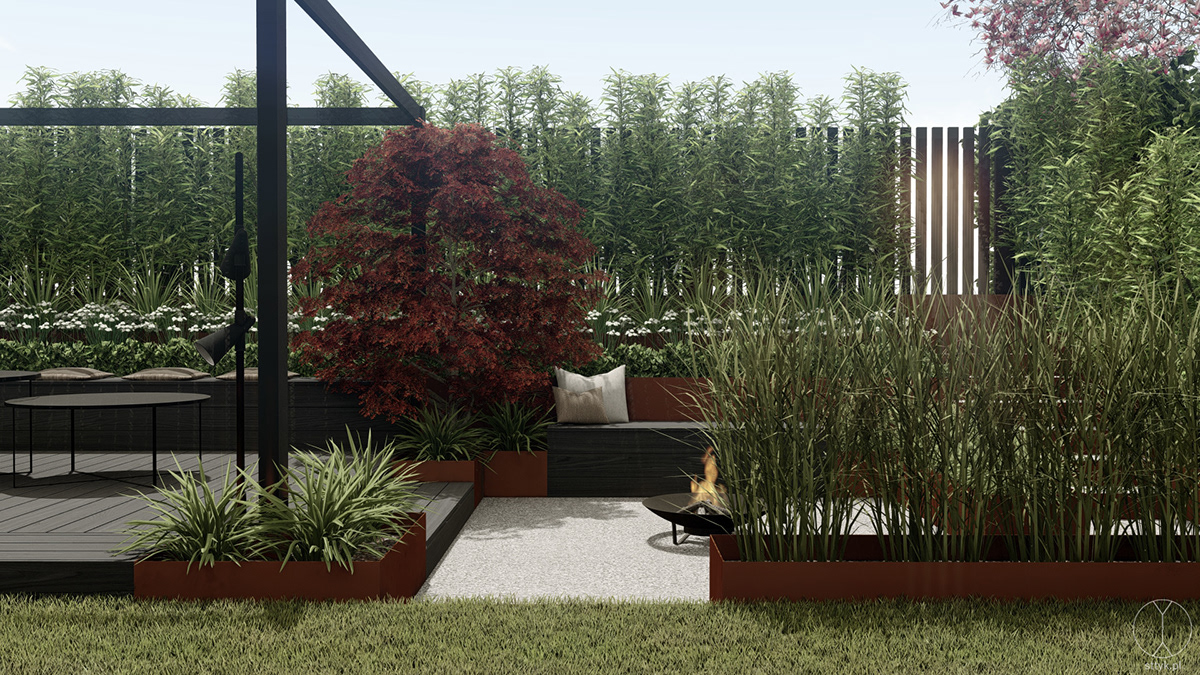 architekt krajobrazu bambusy w ogrodzie garden project palenisko w ogrodzie pracownia sttyk projekt ogrodu projektowanie ogrodów small garden project trawy w ogrodzie Landscape Design