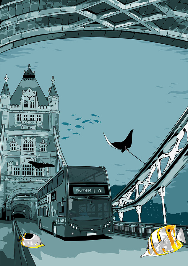London underwater water Trafalgar Square city fish ray blue black photoshop vector digital bus lion bridge