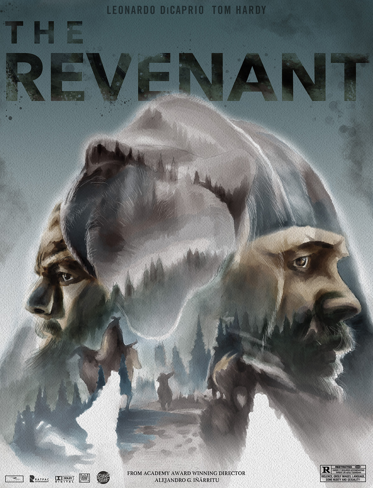 the revenant watercolor photoshop bear college leonardo dicaprio Tom Hardy art Digital Drawing color desaturate movie new movie poster Fan Art