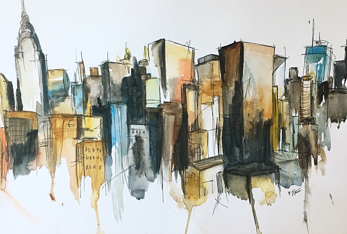 New York skyline watercolor ILLUSTRATION  pen and ink