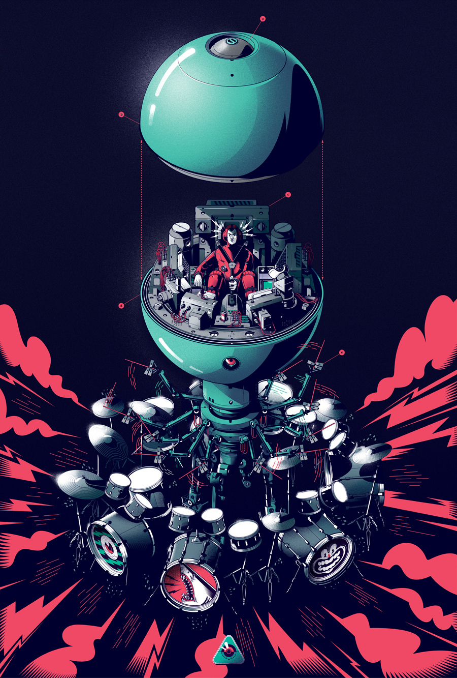 robot mech drumming vector sci-fi poster drums graphic explosion linework