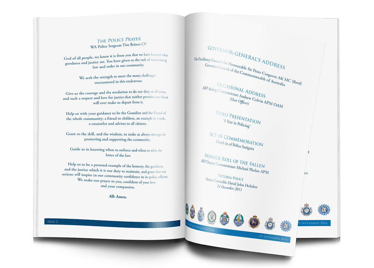 police AFP Memorial Remembrance order of service Booklet service booklet national service booklet a5 booklet police service australian federal police