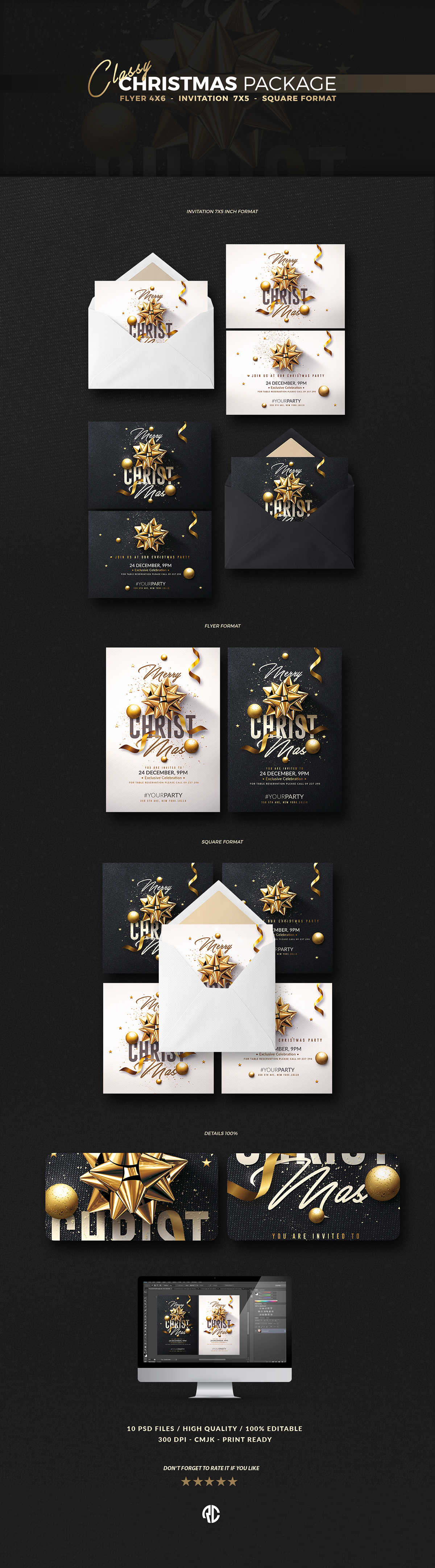 Christmas Invitation new year gold postcards cards invites template Christmas Graphics psd flyer