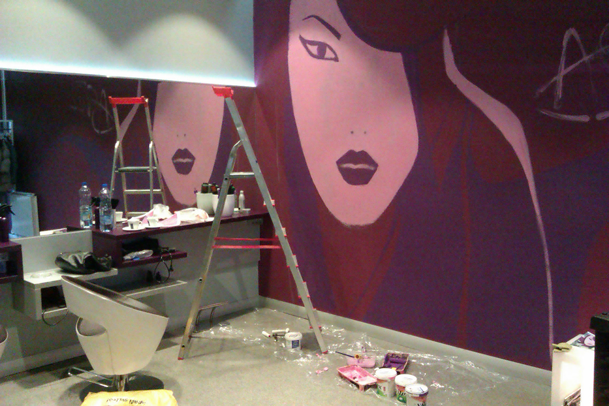 wall painting  wall  hair salon  studio  girl  face   hair  style  interior  indoors  big  public