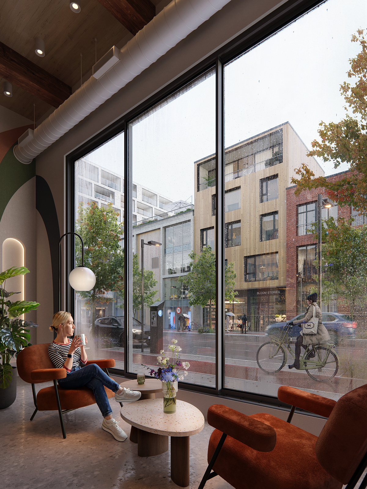 3ds max amsterdam architecture autumn cafe Exterior rendering interior design  rain Render visualization