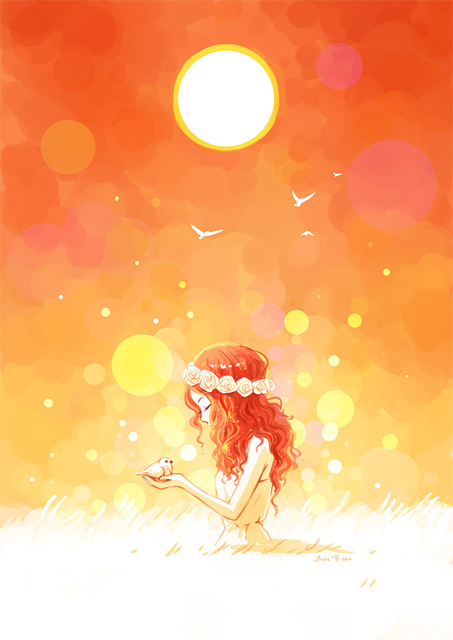 august girl warm sunshine sunset bird anime freeminds field red mood