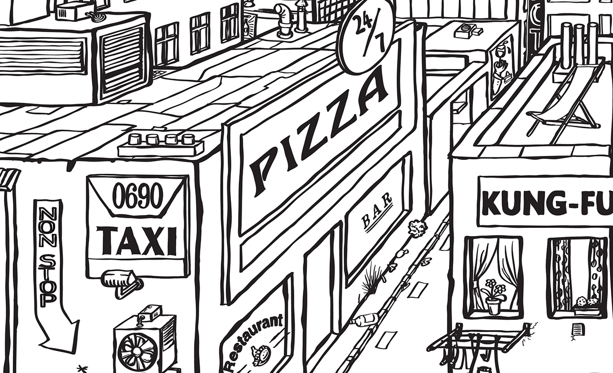 city town poster print metropolis Pizza taxi Street Landscape living black and white bar peace serenity Stillness