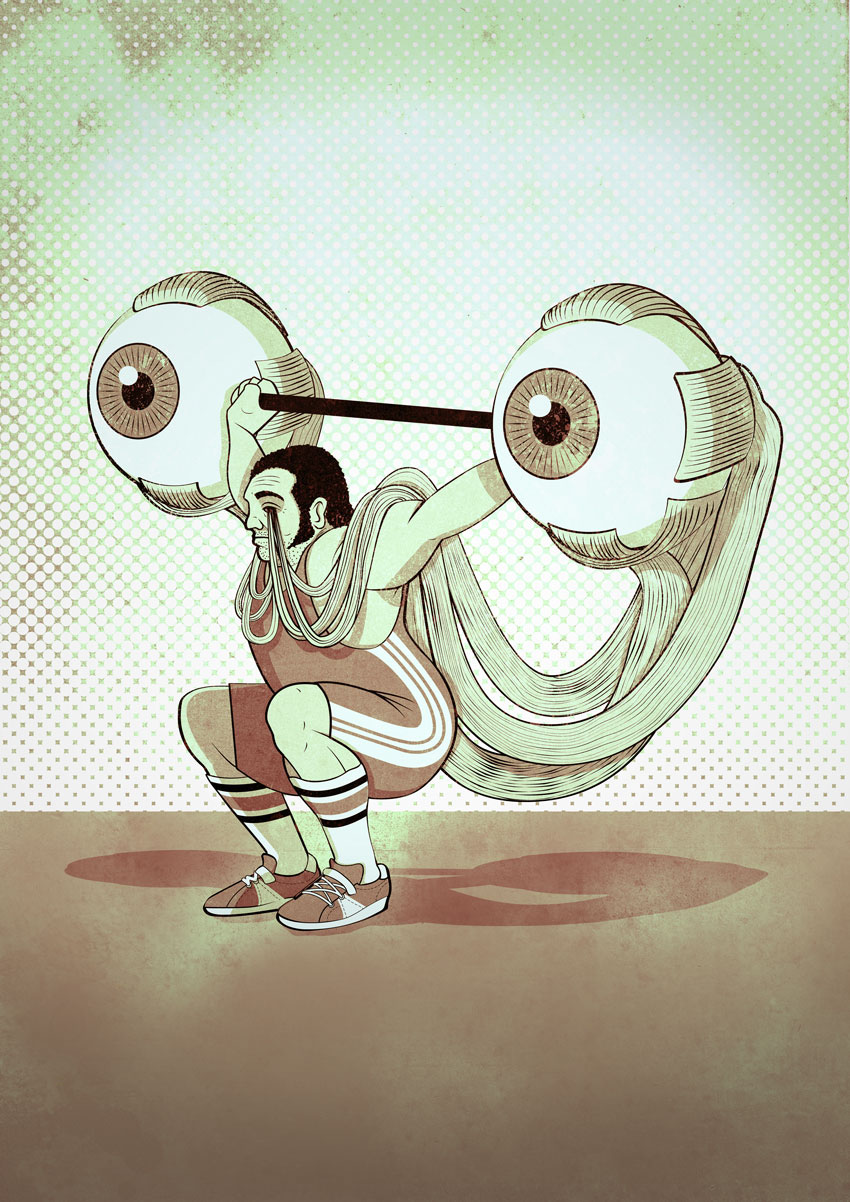 Weightlifting weightlifter weight eyes surreal surrealism weird creepy bizarre
