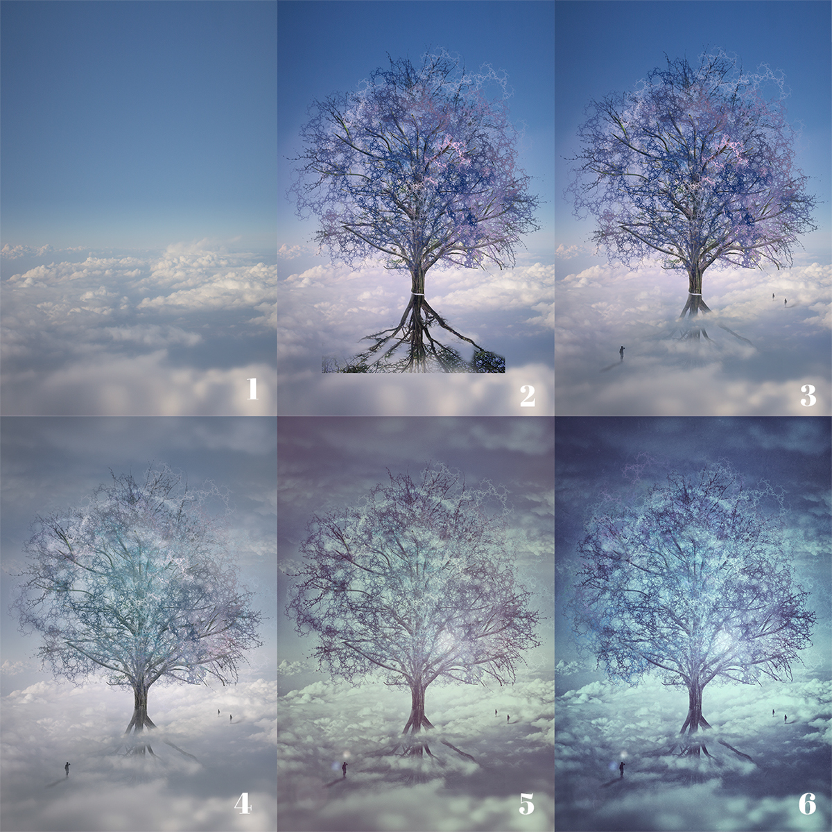 surreal Photo Manipulation  Tree  Above Clouds dreamscape dreams mystical meditation clouds blue cyan CD cover book cover fractals