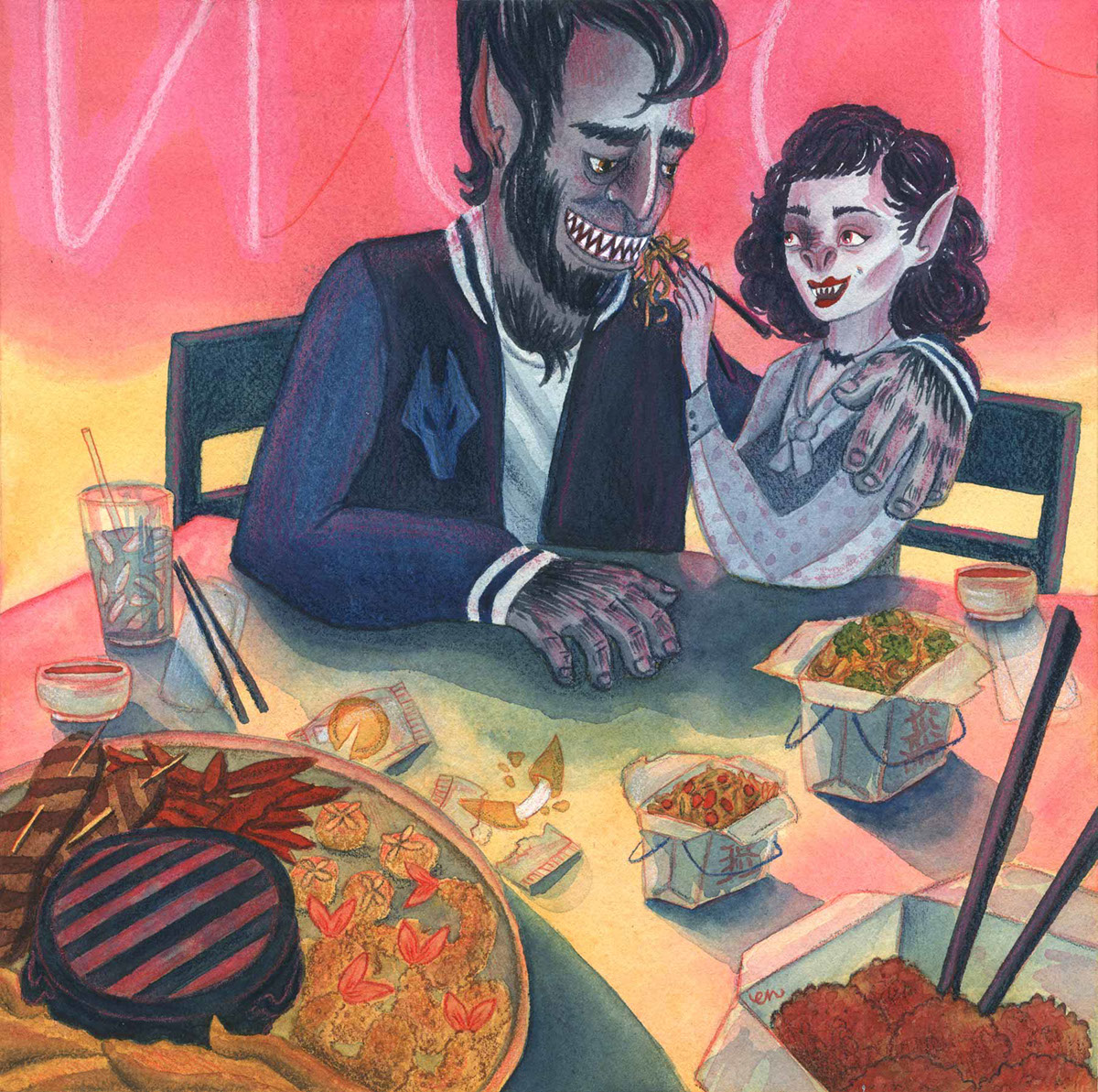 Werewolf vampire neon lighting narrative date Chinese Food pink Food  illustration2015