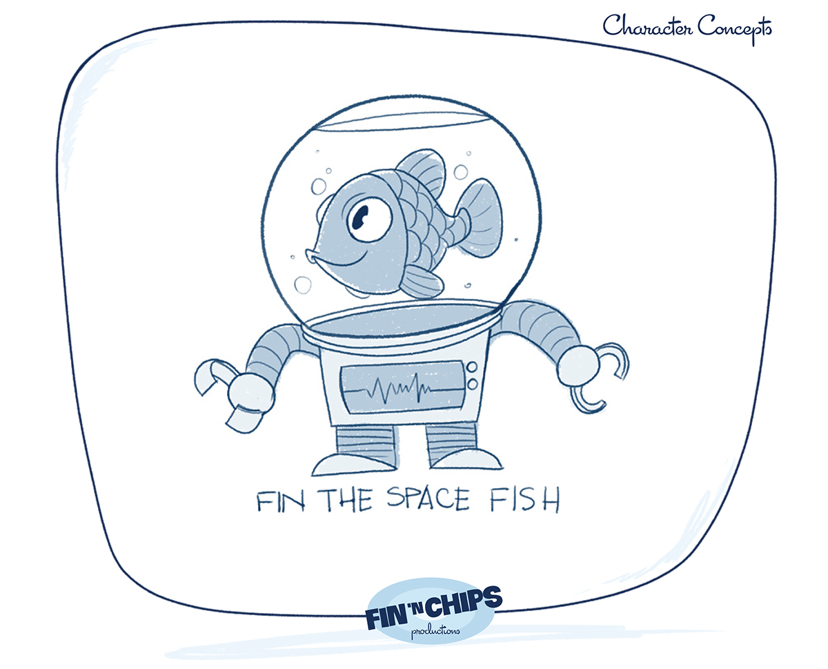 fish chips game Character development idea rough sketches Finn goldfish potato Space  funny robot