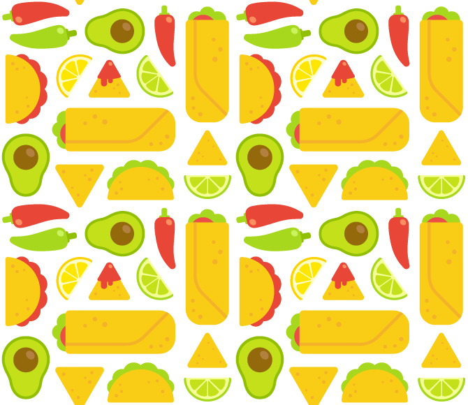 Mexican Food vector flat Icon pattern taco Burrito nachos salsa avocado chili mexico tileable seamless cartoon