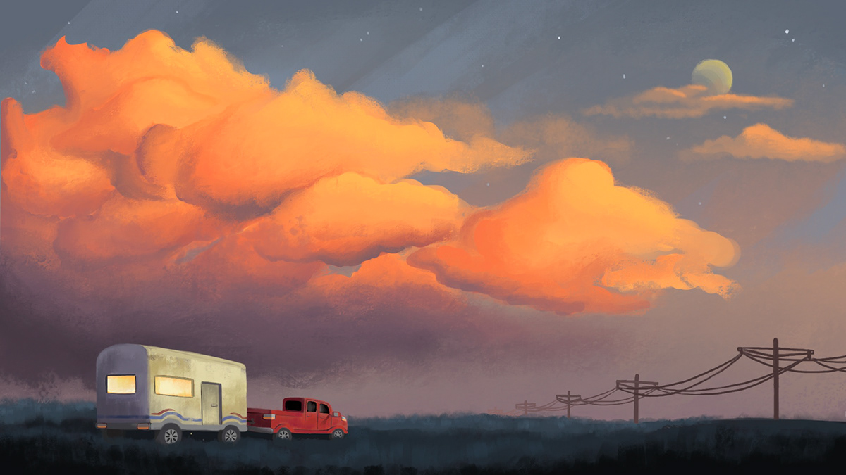 animation  background painting camp camper ILLUSTRATION  nostalgia RoadTrip summer sunset Truck