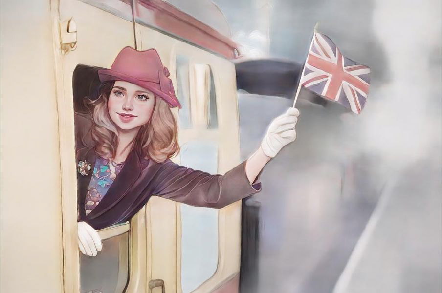 
a girl dressed in 1940s fashion waves the union jack flag outside a train window