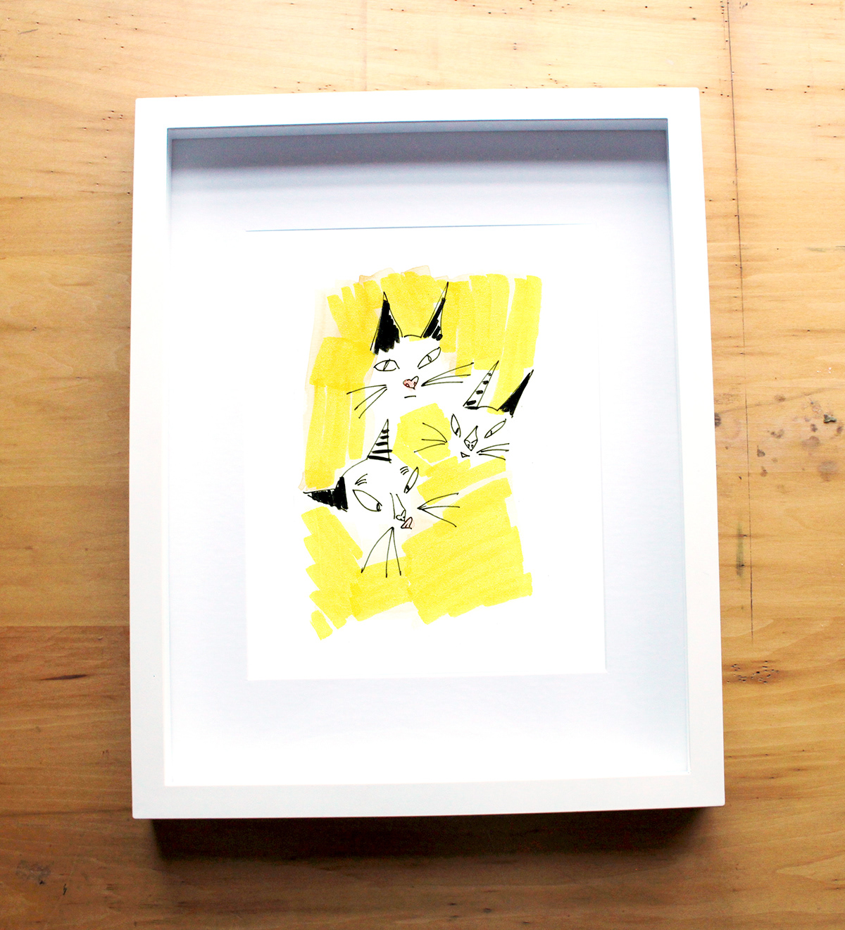 geometric FOX crane sunshine Cat print fine art gouache ink shape line triangle yellow red color