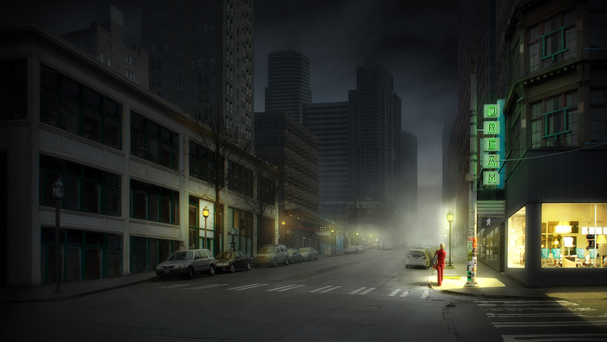 Adobe Portfolio Matte Painting manipulation city night light skyscrapers giuseppe parisi fog car Street woman alone fantasy