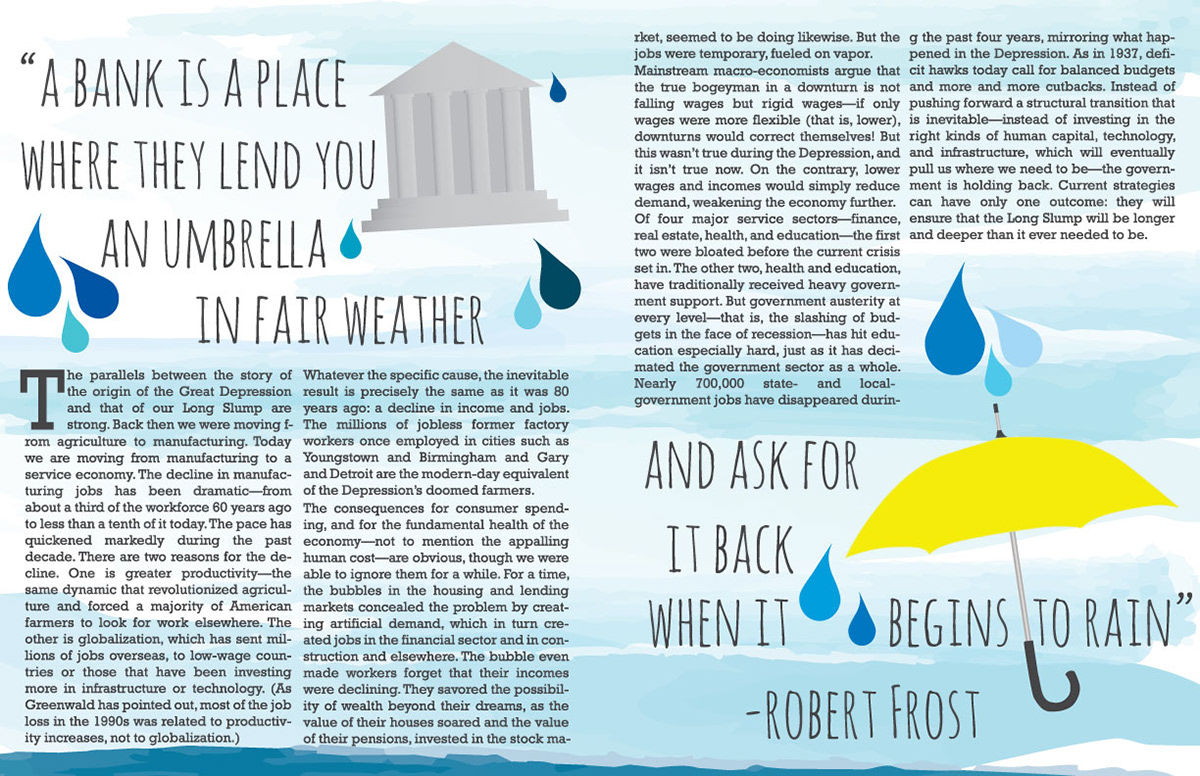 Layout  spread magazine Bank  money  quote robert frost rain Umbrella HPU emily Foster