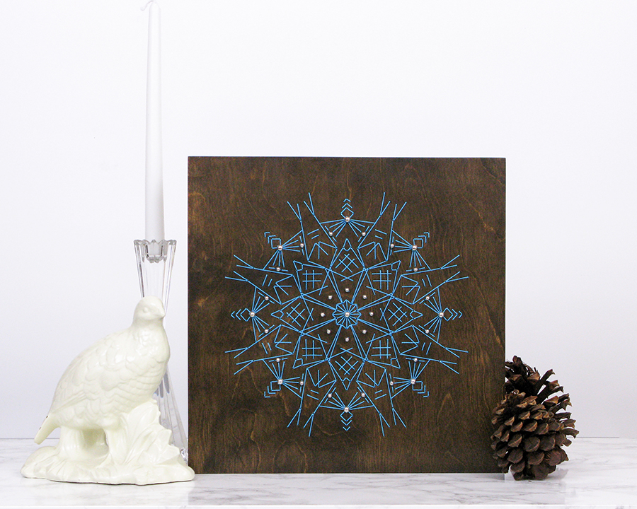 etsy stitched holidays snowflake hand made Embroidery wood home decor art design gold beads mint color