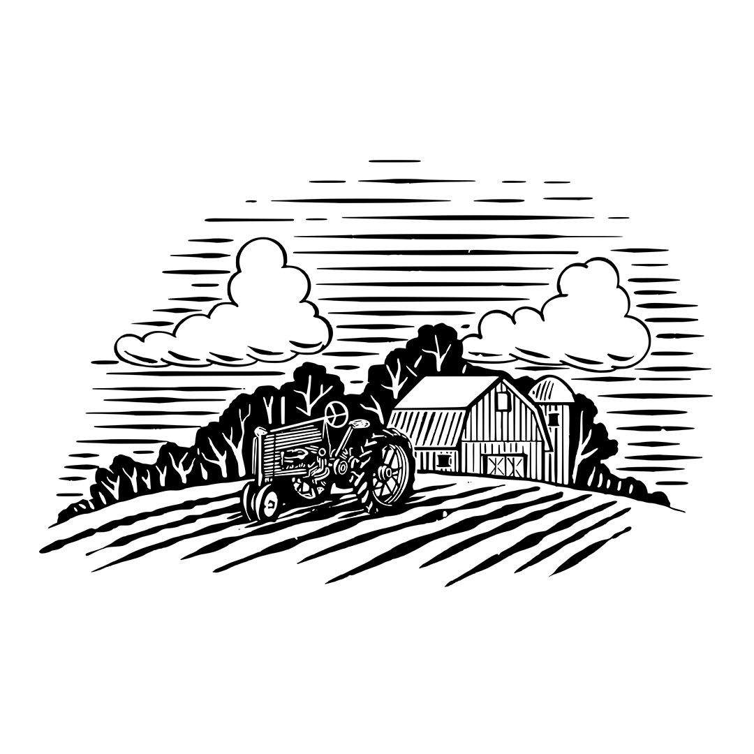 Tractor Icon farm woodcut ILLUSTRATION  engraving agriculture barn Landscape Nature