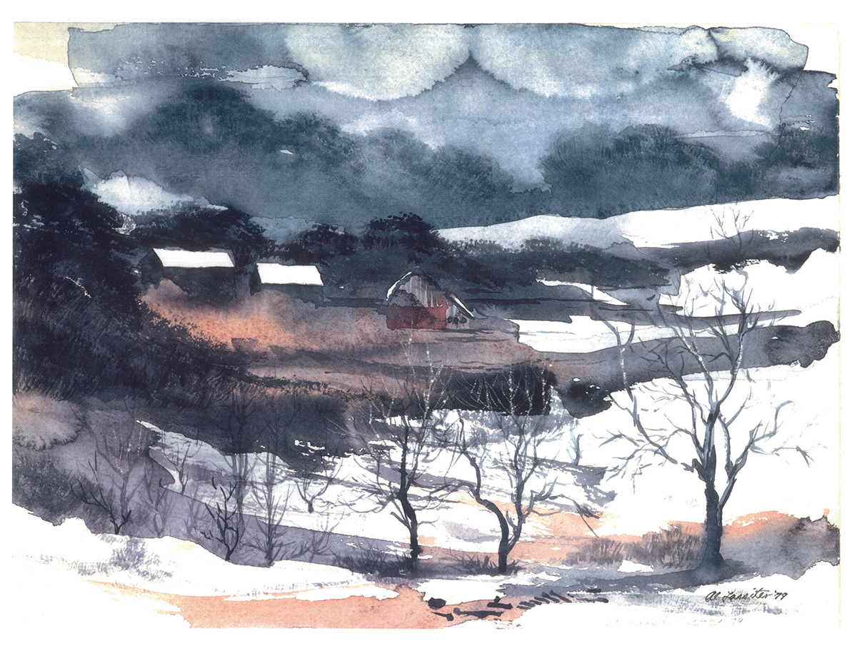 Landscape winter snow snowstorm watercolor