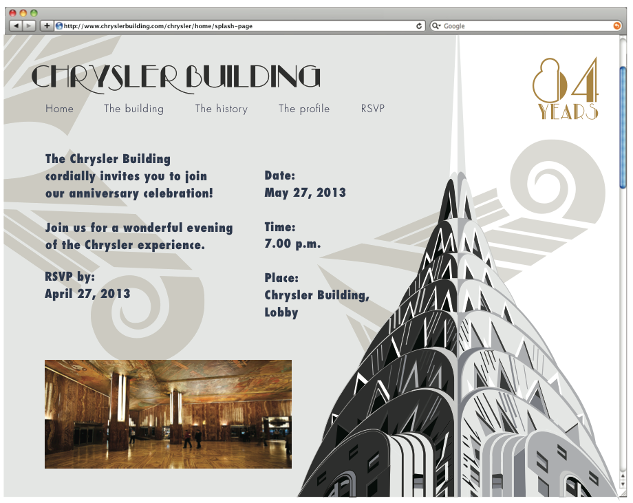 Web visual identity chrysler building New York Events Invitation photoframe postcard brochure