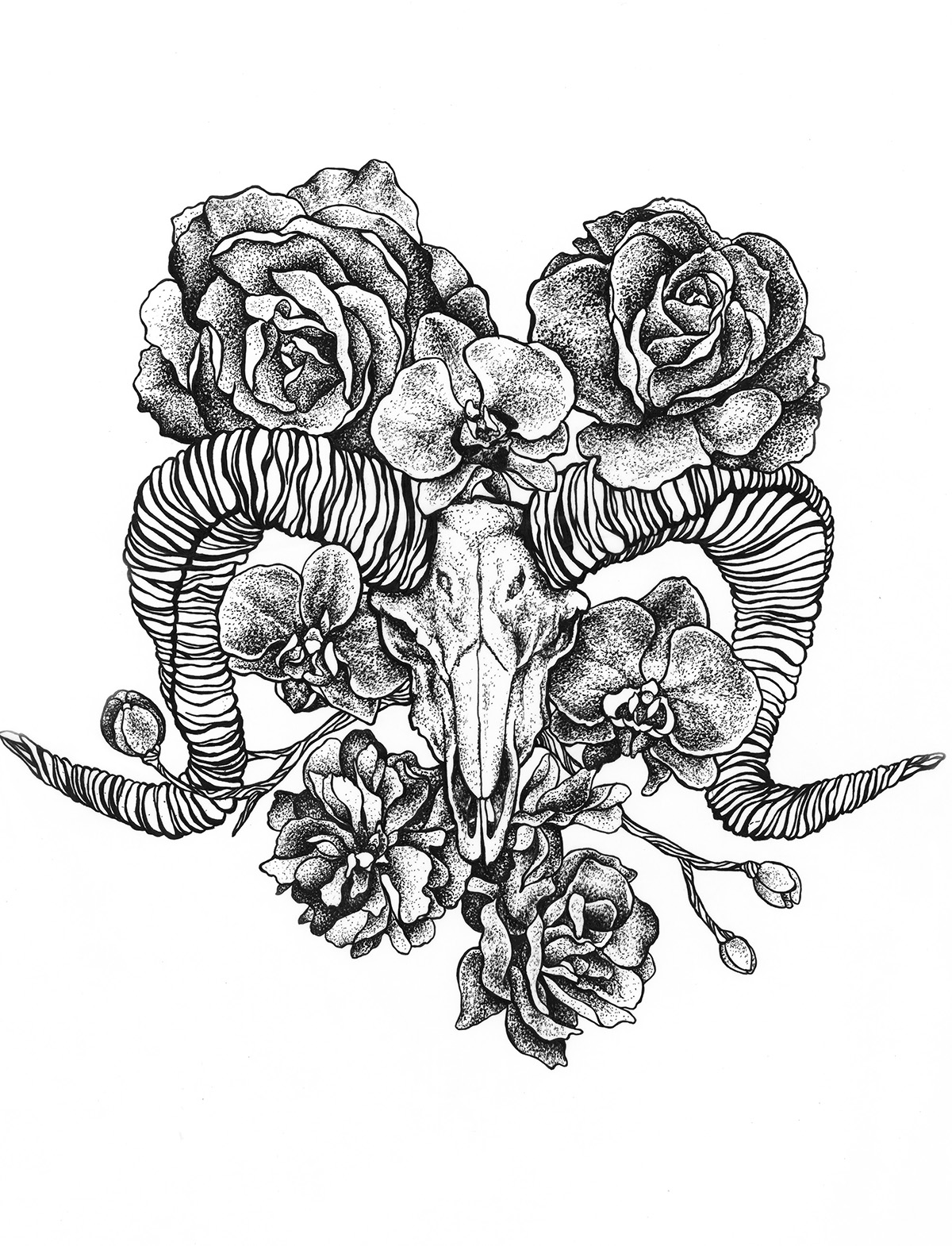 skull print tee t-shirt tattoo design Flowers Roses orchid black grey Hong Kong