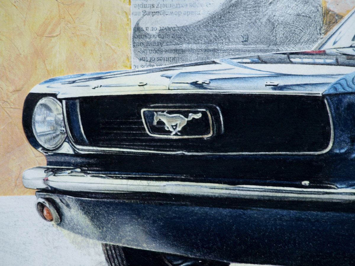 Mustang vintage collage haptic mltilayerd Photorealistic drawing hyperrealism car
