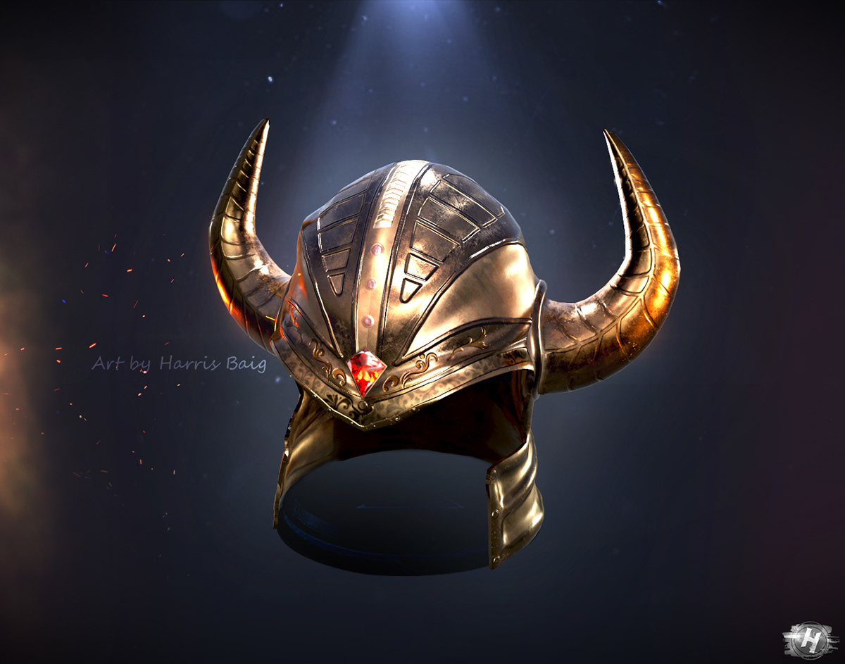 Helmet Medieval armor  horned armor horned helmet harris baig Game Art 3d art gold