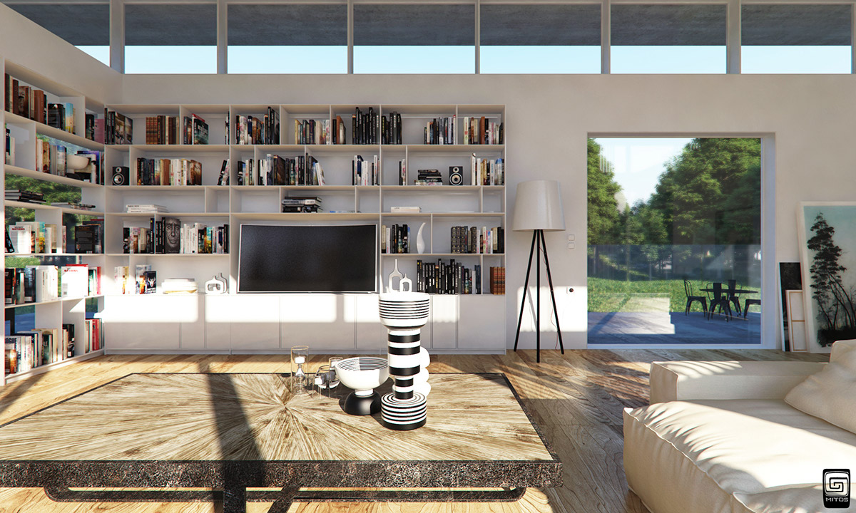 Interior Exterio maison grey White concrete modern minimal library books open m1tos 3D MAX vray