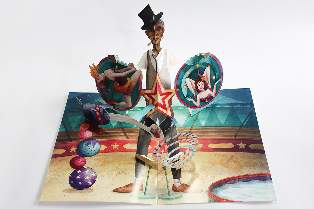 Popup paper art paper engineering Circus Carnival childrens book novelty book ILLUSTRATION  watercolor freakshow