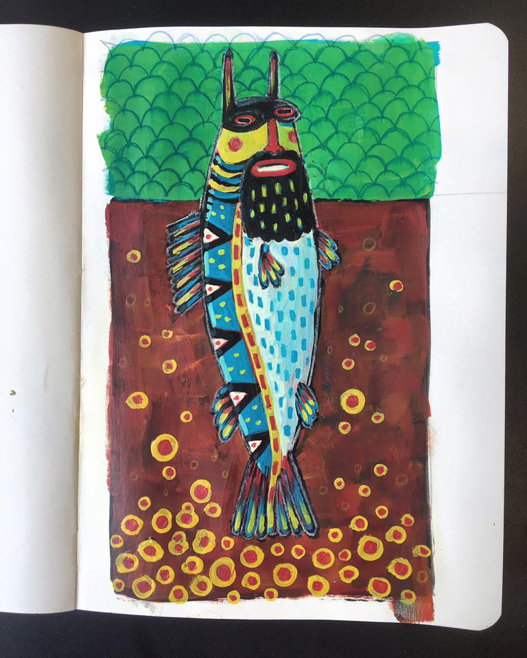 painting   acrylics sketchbook Analogue skull folk art Fun fish bird mask