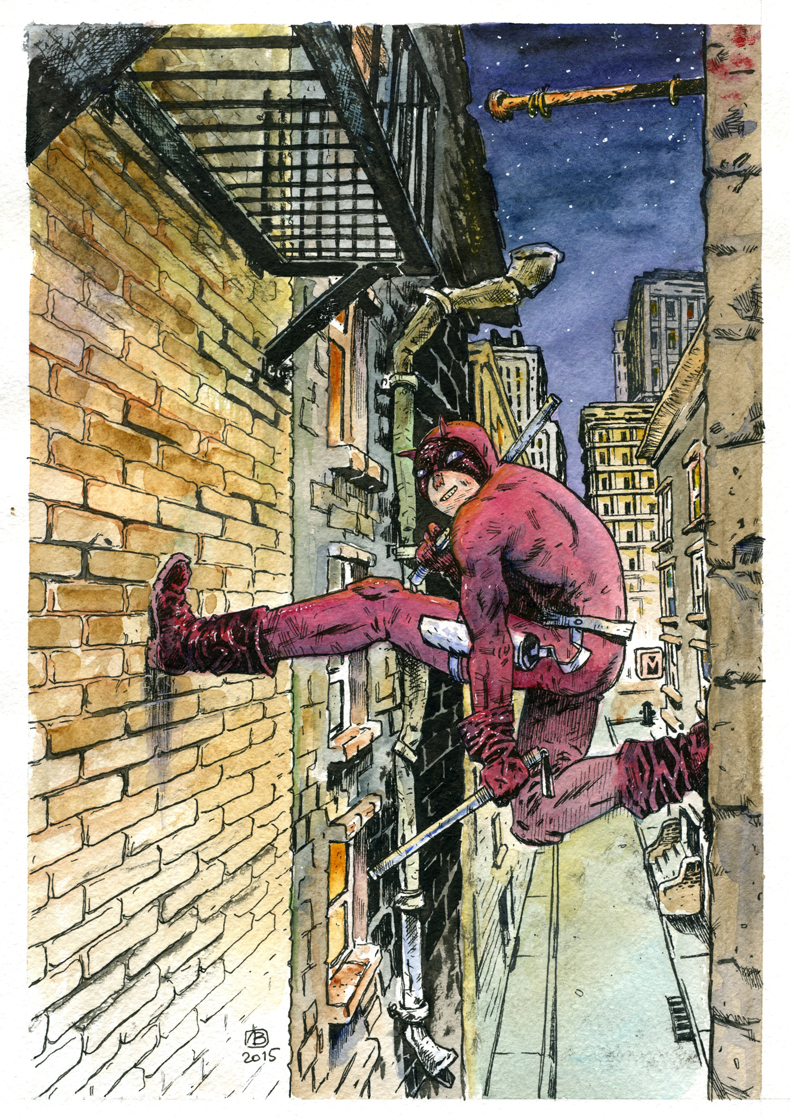Daredevil commission city Landscape night MURDOCK matt devil SuperHero Hero watercolor cartoon