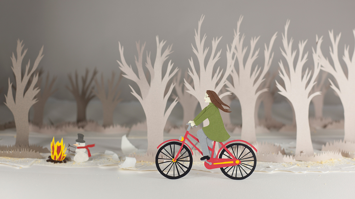 Adobe Portfolio paper cut stop motion paper winter erasmus finland Bicycle snow fishing ice fishing snowflakes student life White walk sequence