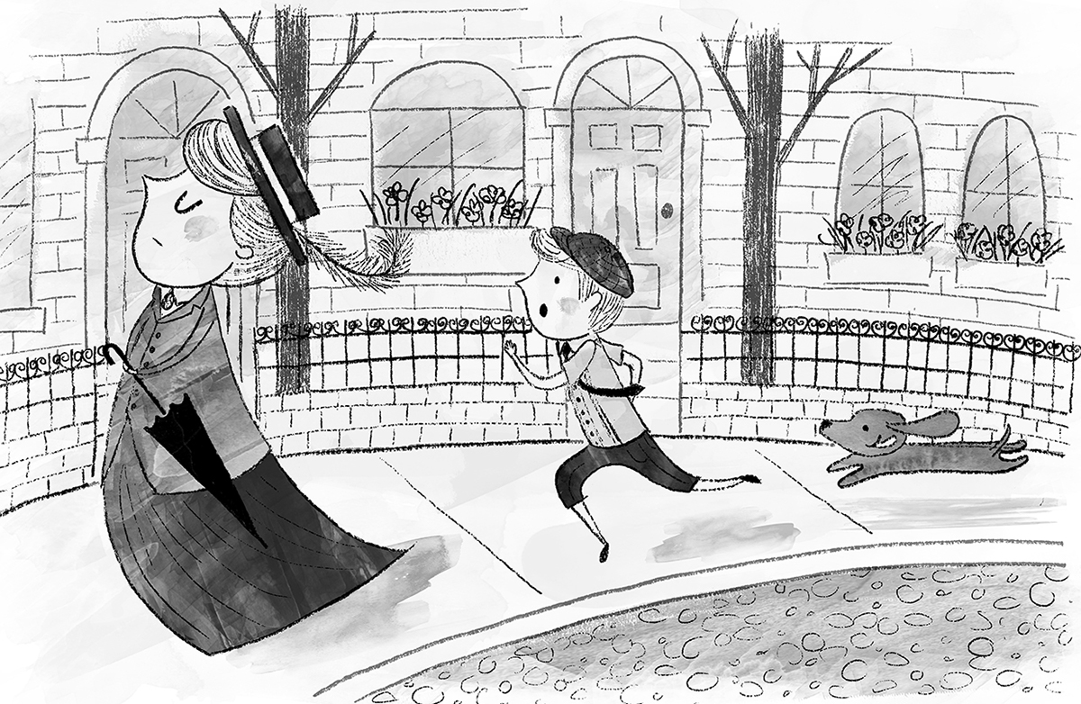 governess Chase dog boy children's book illustration